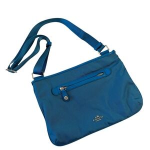 Coach Blue Nylon Crossbody Bag‎ Messenger Shoulder Bag Leather Trim Zip Top